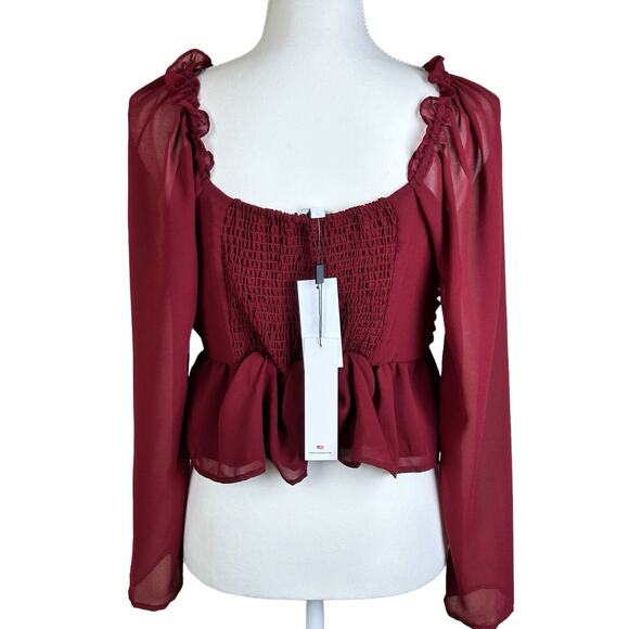 Vigoss Ruffle Chiffon Top Size Large Cherry Red Peplum Rushing Smocked Sheer - Picture 7 of 12